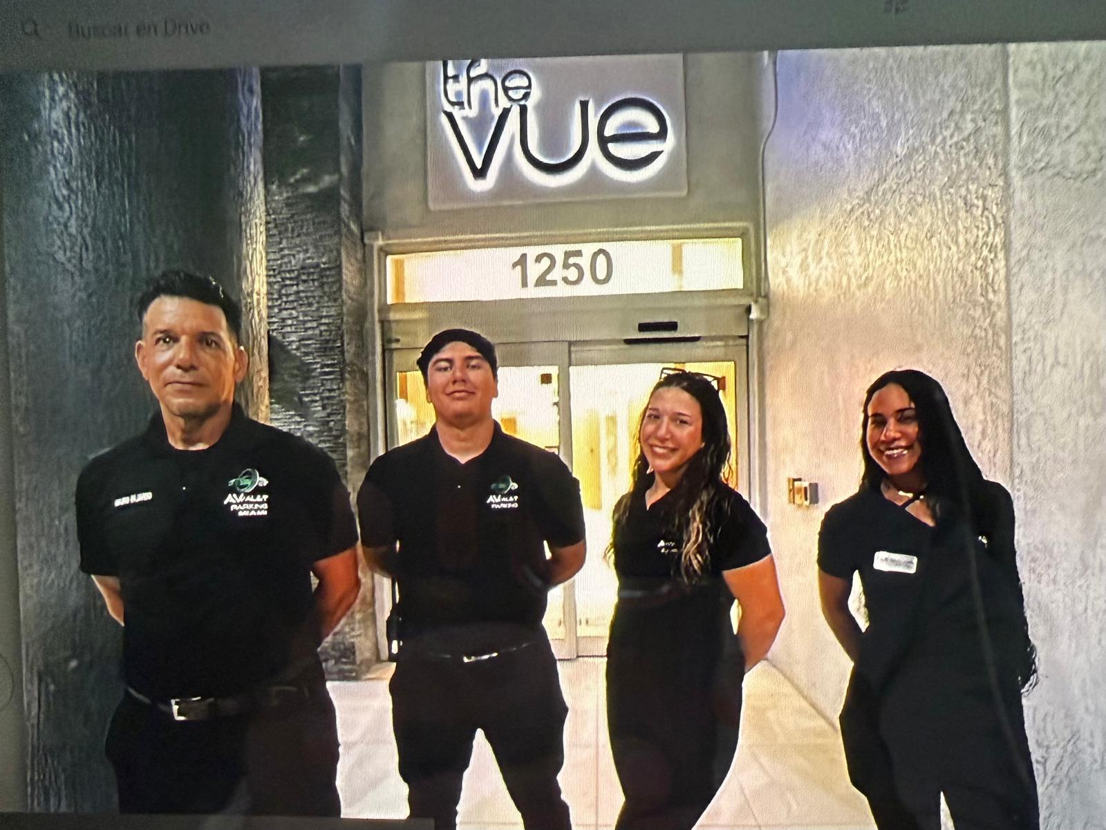 The AV Valet Parking Miami team in uniform outside The Vue Miami
